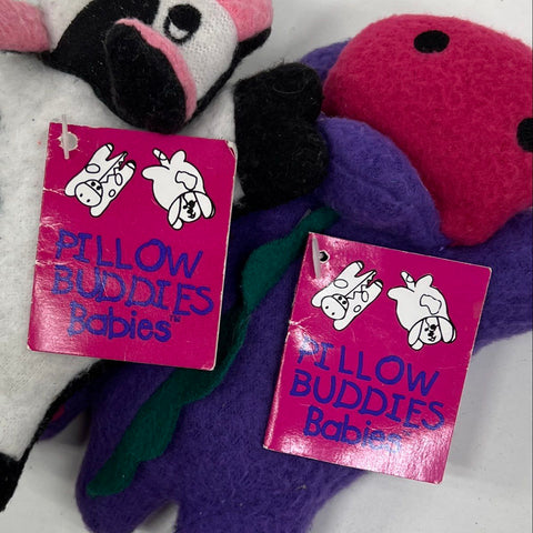 Vintage 1997 Pillow Buddies Babies Lot of 4 Plush Cow Cat Bunny Dino Crown