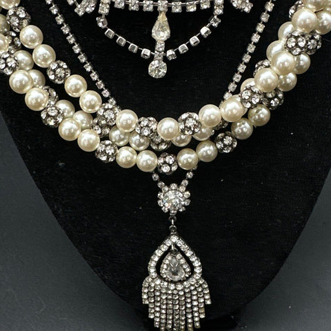 Vintage Costume Jewelry Lot 6 Necklaces Rhinestone Faux Pearl Beaded Mid-Century