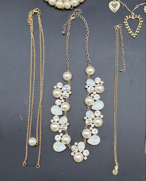 12pc Fashion Jewelry Necklace Lot Gold Tone Faux Pearl Rhinestone Costume 0.5lb
