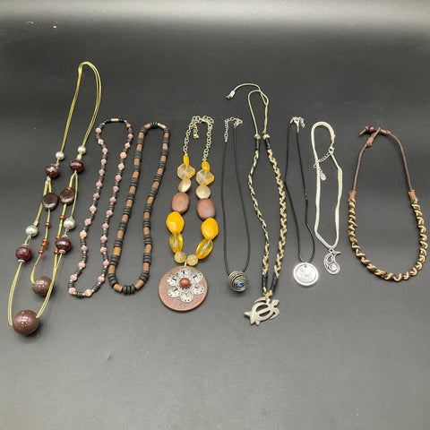 Boho Coastal Wood Resin Cord Jewelry Lot of 8 Necklaces Turtle Floral Pendants