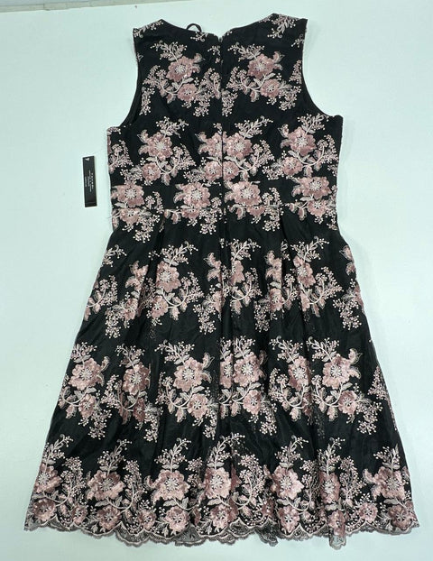 Tahari NWT Black Pink Sequin Embroidered Floral Mesh Cocktail Dress Women's 10