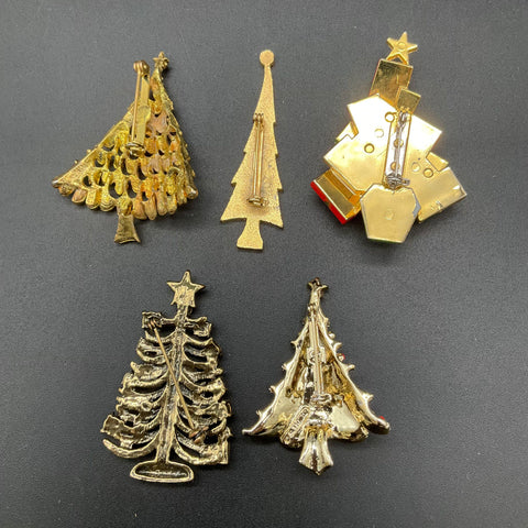 Vintage Christmas Tree Brooch Lot 5 Gold Tone Rhinestone Enamel Holiday Pins