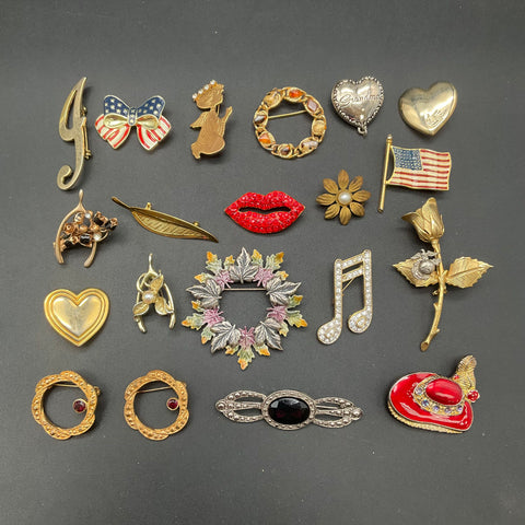 Vintage Rhinestone and Enamel Brooches Pins Jewelry Lot of 20 Patriotic Floral