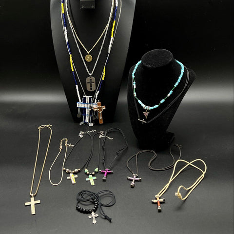 Religious Cross Jewelry Lot of 14 Necklaces Pendants Beaded Cord Mixed Styles