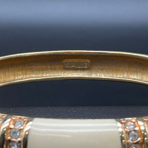 Vintage Swarovski Gold Tone Cream Enamel Crystal Hinged Bangle Bracelet 6.5"