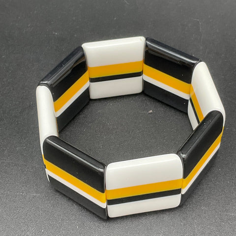 Vintage Modernist Chunky Resin Stretch Bracelet Black White Yellow Geometric