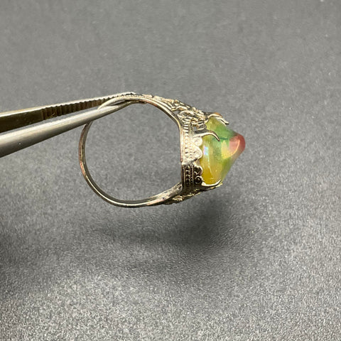 Vintage Art Deco Style Silver Tone Iridescent Glass Filigree Ring Size 4.5