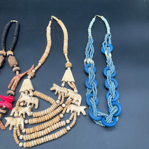 Vintage Boho Wooden Jewelry Lot 5 Necklaces Carved Elephant Cow Beads