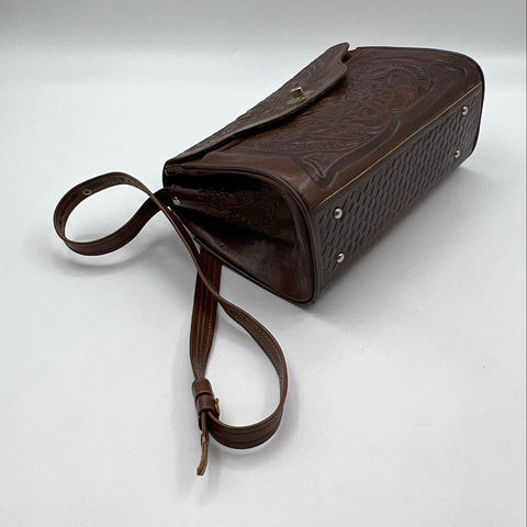 Vintage Brown Hand Tooled Floral Leather Western Crossbody Shoulder Bag