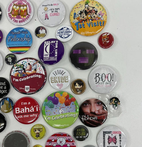 Lot of 85+ Pinback Buttons Enamel Lapel Pins Disney Novelty Humor Awareness