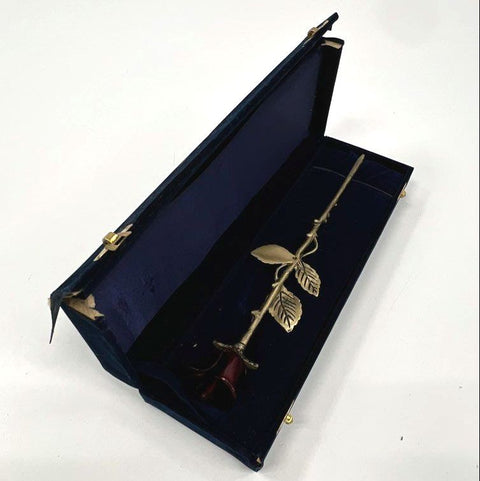 Metal Rose Figurine Red Enamel Flower Long Stem Brass Tone With Velvet Case 12"