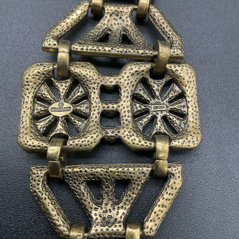 Graziano Art Deco Style Antiqued Brass Tone Rhinestone Link Bracelet 8.5"
