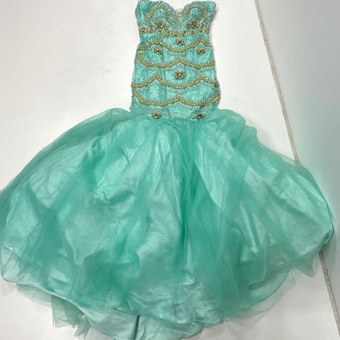 Madison James Women's Mint Green Beaded Sequined Mermaid Tulle Formal Gown Sz 4