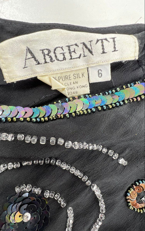 Vintage 80s Argenti Women's Black Silk Beaded Sequined Art Deco Dress Sz 6
