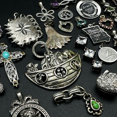 Silver Tone Pendants Jewelry Lot 32 Pcs Hearts Crosses Figures Noah's Ark