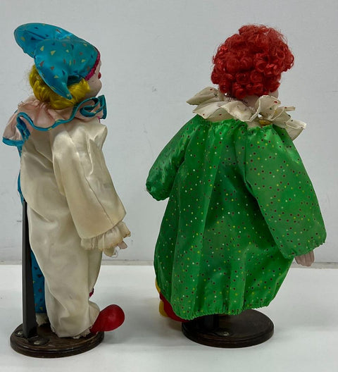 Vintage 1989 Heritage Mint Porcelain Clown Dolls Lot of 2 on Stands 17" Tall