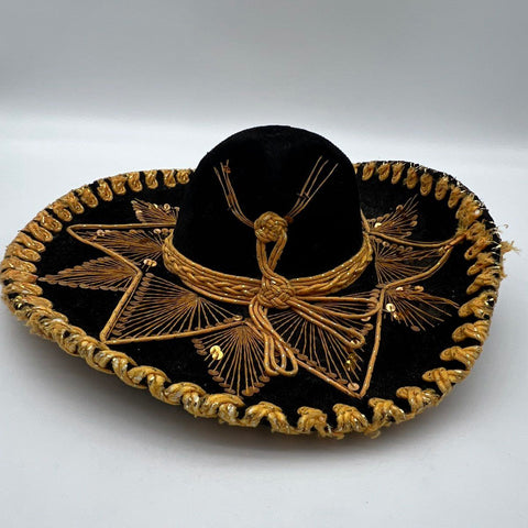 Vintage 90s Pigalle Mexican Sombrero Charro Hat Black Velvet Gold Sequins 18in