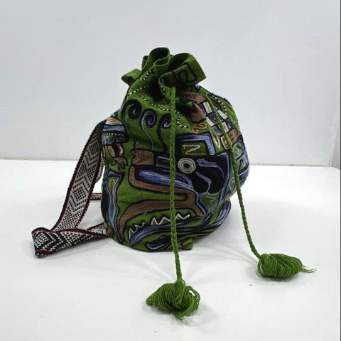 Vintage Green Embroidered Motif Oversized Drawstring Bucket Backpack Bag