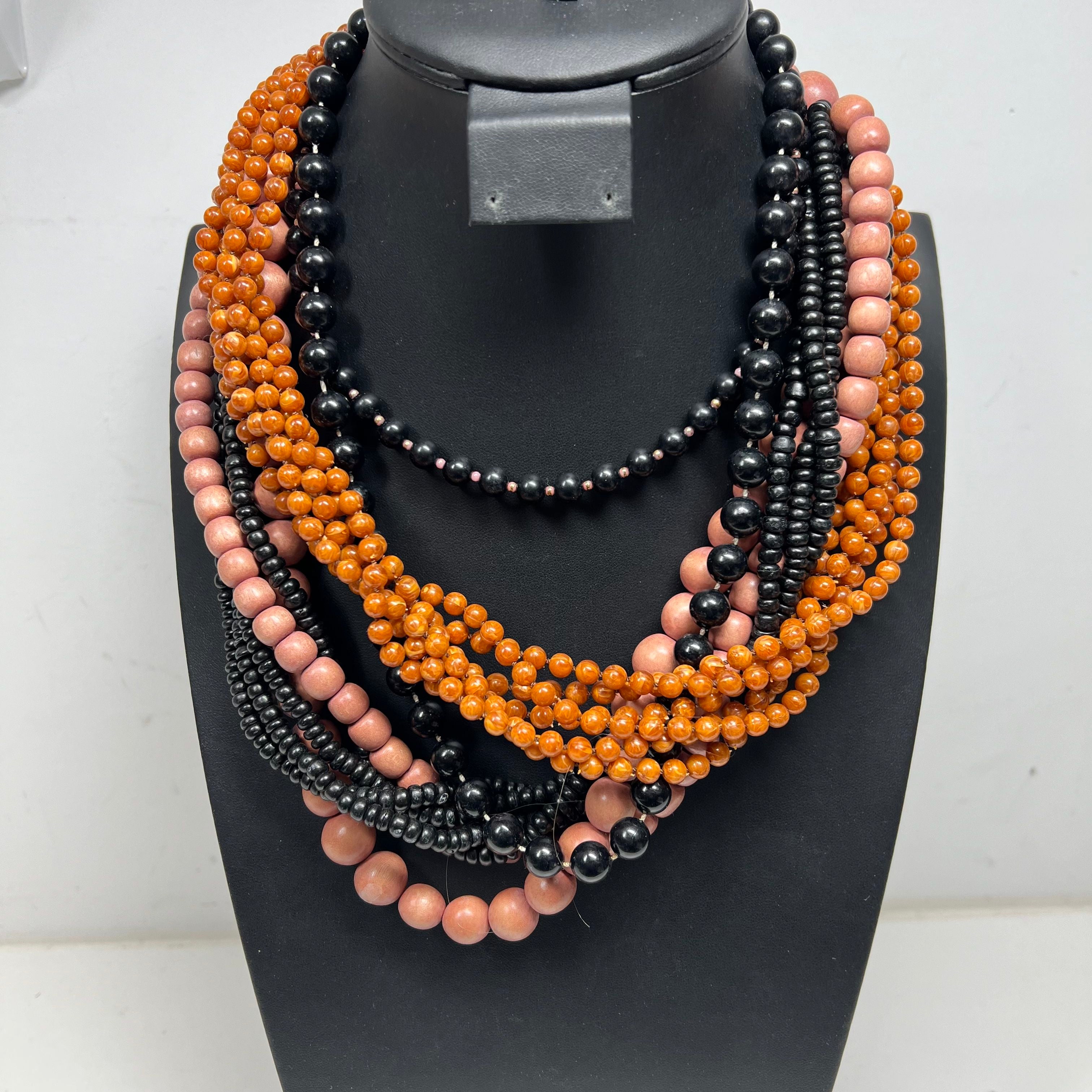 Beaded Multi Strand Orange Black Beaded Necklaces