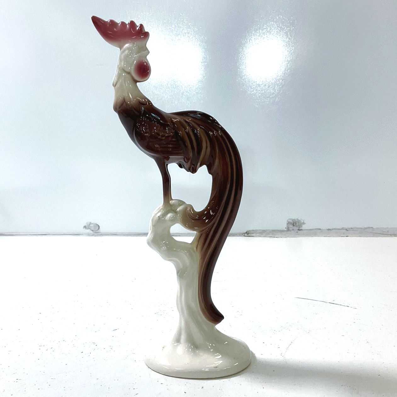 Vintage Mcm Ceramic Long Tailed Elongated Rooster Glazed Figurine 10" Tall