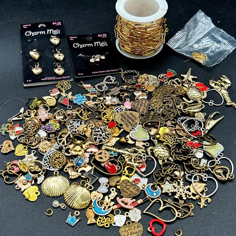Jewelry Making Lot Enamel & Metal Charms Spool Gold Tone Chain Charm Me