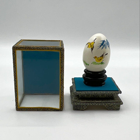 Signed Chinese Hand Painted Egg Bird & Bamboo Motif 5" Glass Display Case