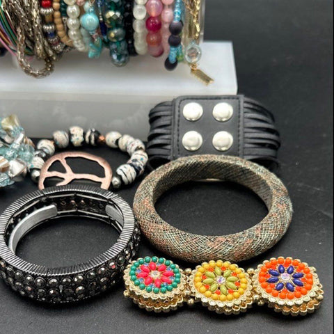 Vintage to Modern Costume Jewelry Bracelet Lot Bangles Beaded Cuffs Boho Mix