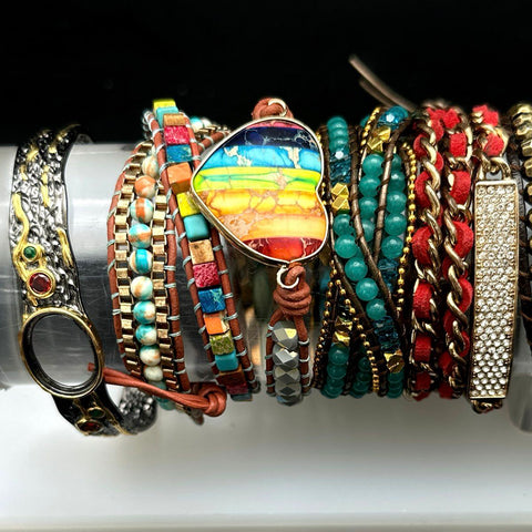 Boho Leather Wrap Bracelet Lot 15pc Beaded Rainbow Heart Turquoise Style Pave