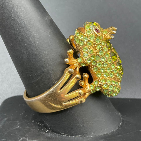 Vintage Style Figural Frog Ring Gold Tone Green Rhinestone Pave Size 10