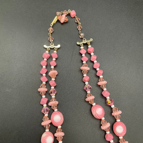 Vintage Trifari Signed Blue Glass & Pink AB Crystal Bead Necklace Lot of 2