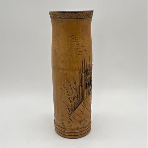 Vintage Hand Carved Bamboo Vase Village Scene Asian Folk Art Brush Pot 12 Inch