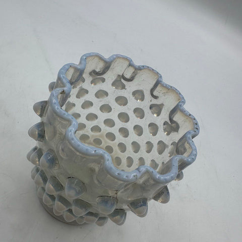 Pressed Glass Opalescent Hobnail Vase Ruffled Rim 4.5 Inch Vintage