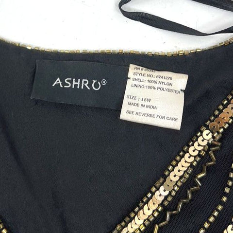 Ashro Black Gold Beaded Sequin Art Deco Flapper Style Gown Dress Size 16W