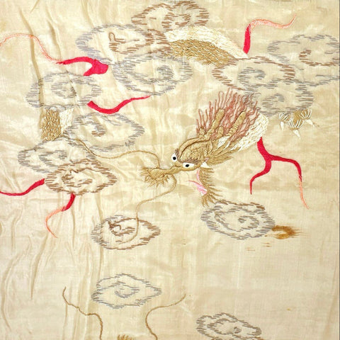 Antique Chinese Hand Embroidered Silk Panel Dragon Clouds Qing Dynasty Style