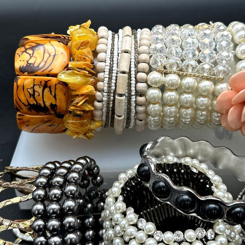 Fashion Costume Jewelry Lot 22 Faux Pearl Bangle Stretch Beaded Floral Mixed