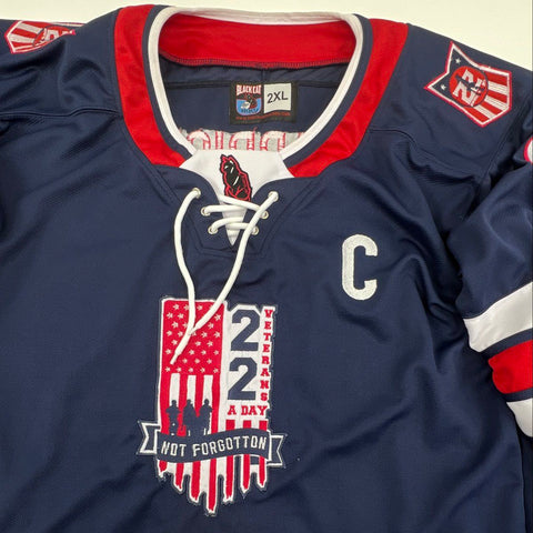 Black Cat Hockey Men's Veterans Day Warrior #22 Hockey Jersey Navy Blue Sz 2XL