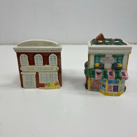 1995 Fitz and Floyd Omnibus Village House Lot Jars Shakers Grocery Sweets Bank