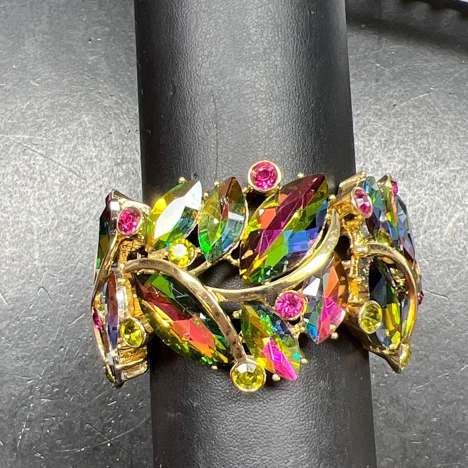 Rainbow Rhinestone Gold Tone Stretch Statement Bracelet