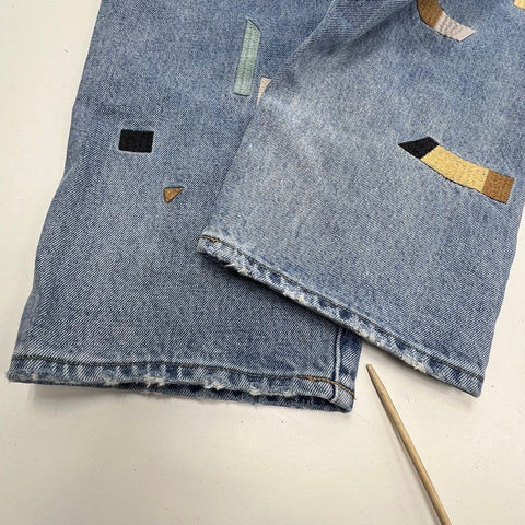 Levi's Women's Column Jeans Blue Patchwork High Rise Straight Distressed 31x27