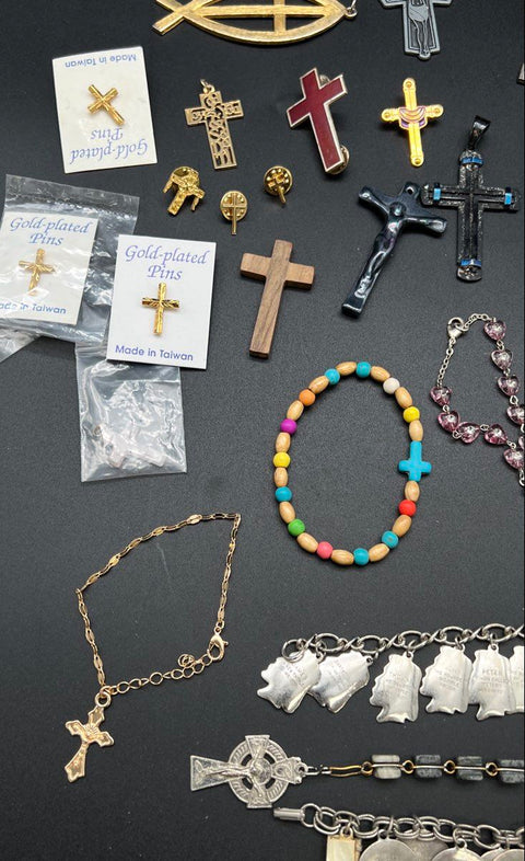 Religious Jewelry Lot Catholic Christian Crosses Rosaries Charm Bracelets Pins