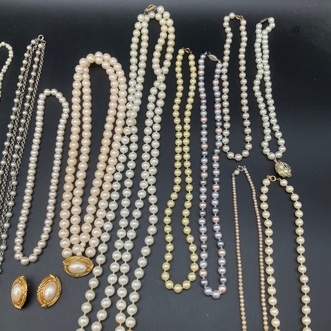 Vintage Faux Pearl Costume Jewelry Lot of 25 Necklaces Bracelets Earrings Ring