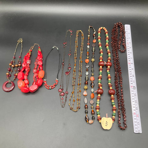 Vintage Boho and Statement Beaded Necklace Jewelry Lot of 8 Red Resin Wood