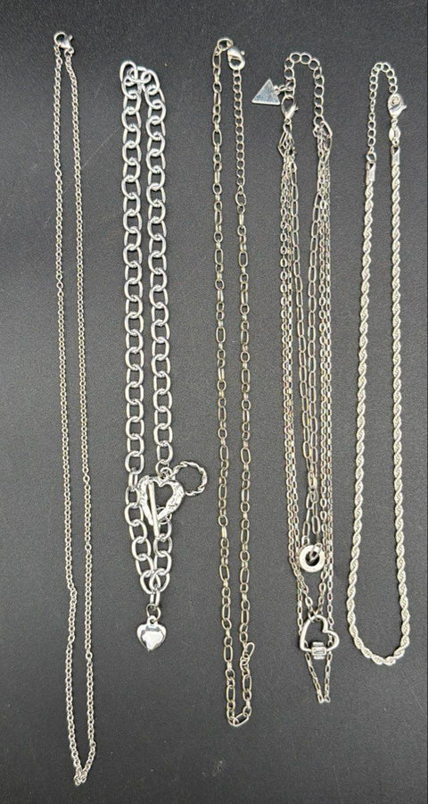 Mixed Costume Jewelry Lot 12 Silver Tone Necklaces Heart Cherry Pendants