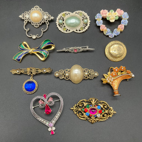 Victorian Revival Style Costume Jewelry Lot 11 Brooches Faux Pearl Enamel