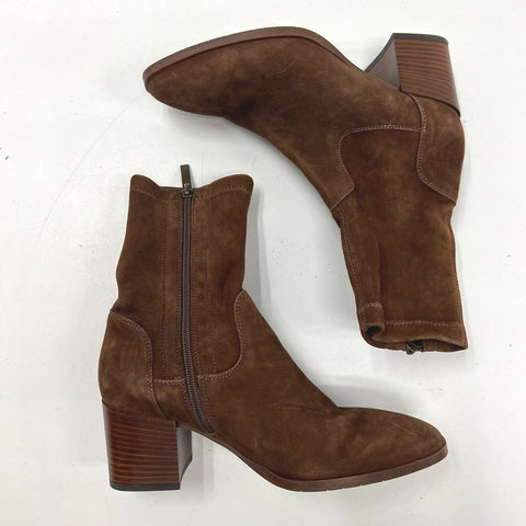 Aquatalia Faria Brown Suede Stretch Ankle Boots Block Heel Italy Size 8.5
