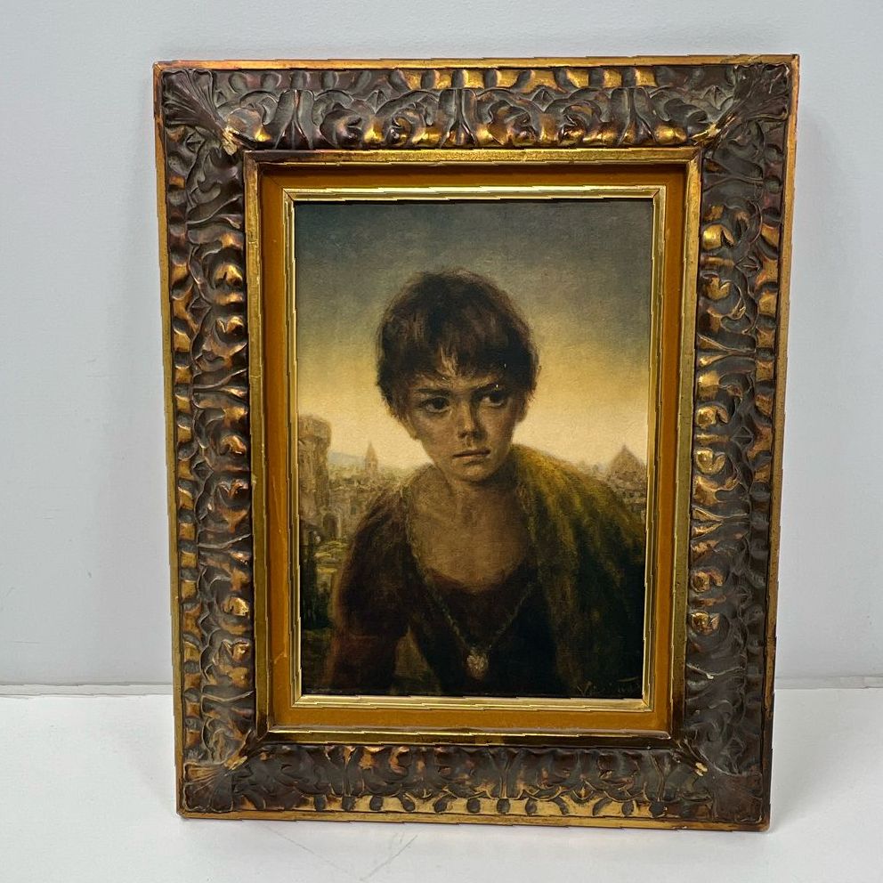 Vintage Joseph Wallace King Vinciata Framed Print of Boy Claudio Gold Tone Frame