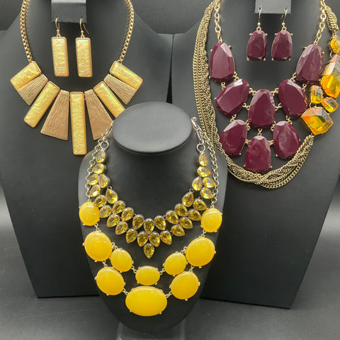 Lot of 8 Chunky Statement Bib Necklaces & Earrings Yellow Purple Gold Tone