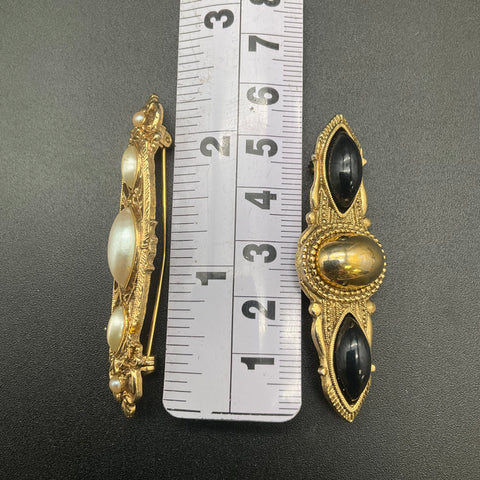1928 Jewelry Gold Tone Faux Pearl and Black Cabochon Brooch Bar Pin Lot of 2
