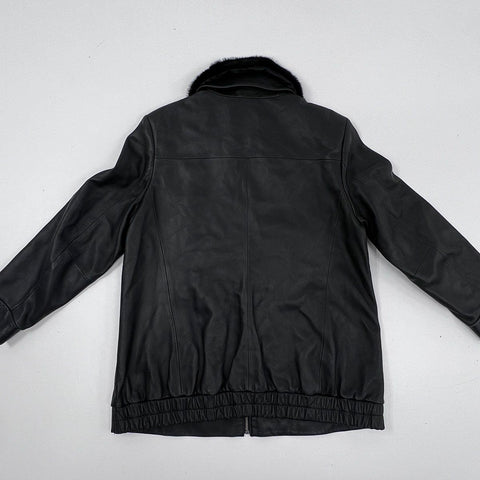 Preston & York Women's Black Lambskin Leather Jacket Rabbit Fur Collar Sz L