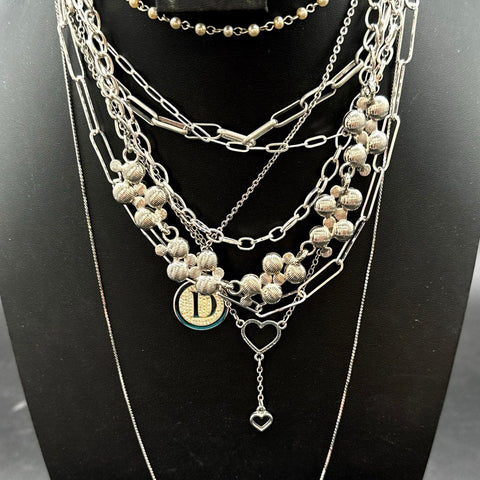 Fashion Costume Jewelry Lot 7 Necklaces Silver Gold Tone Initial D Heart Charms